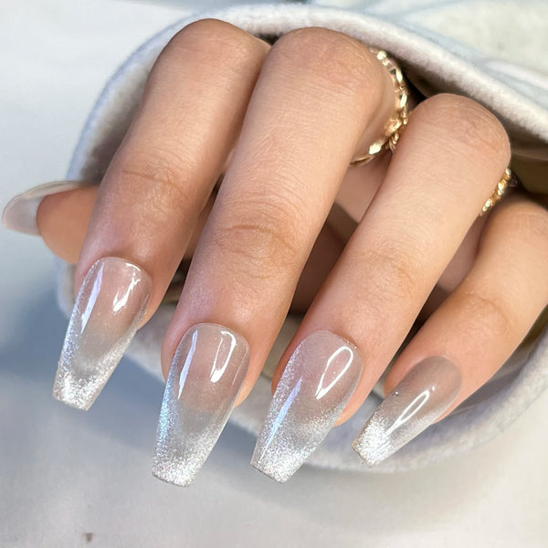Buy Mirror Silver Cat Eye Coffin Artificial Fake Press On French Nails Online in India in Soft Gel Material