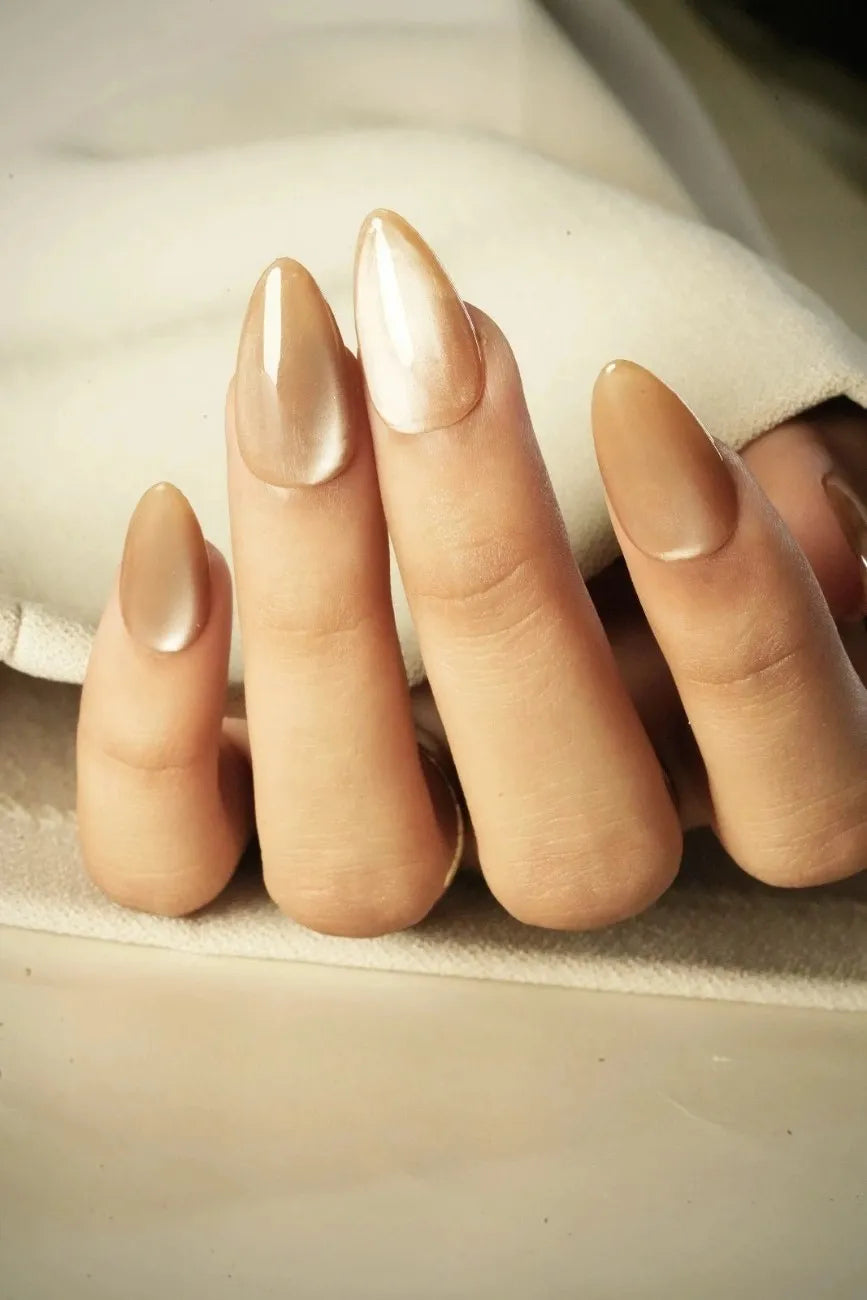 Mocha brown press-on nails with glossy salon-quality finish