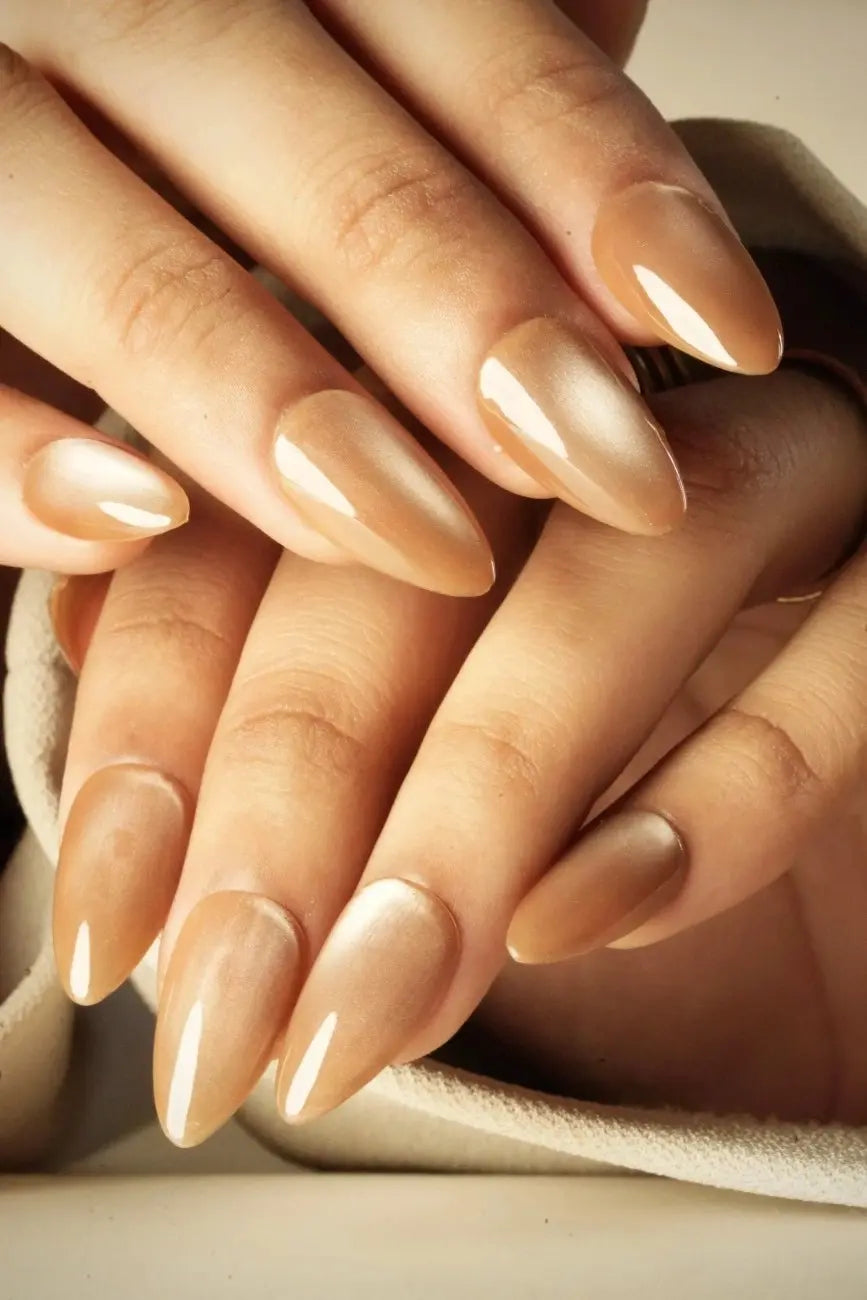 Close-up of Mocha Glaze premium handmade press-on nails