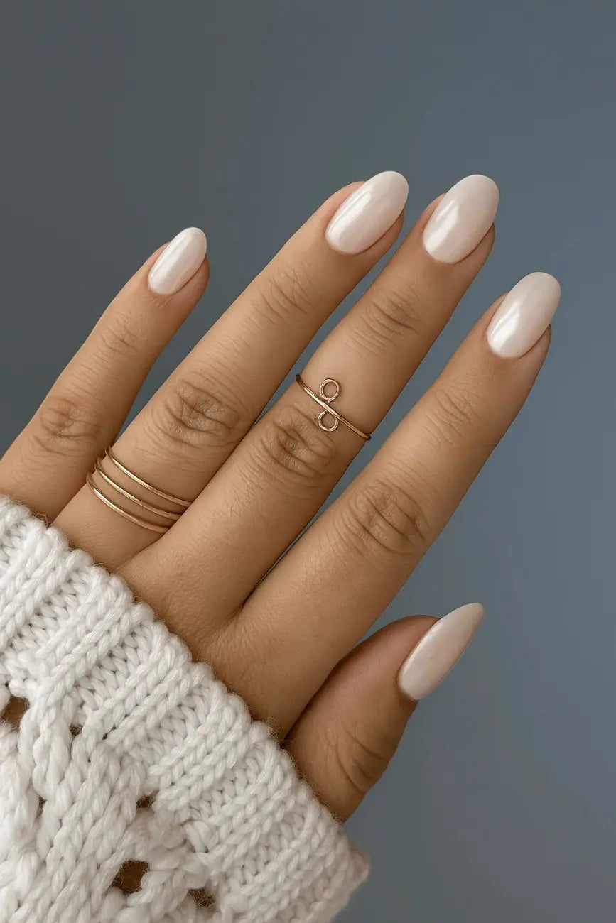 Front view of Moon Shell press-on nails featuring a luminous shell-inspired design
