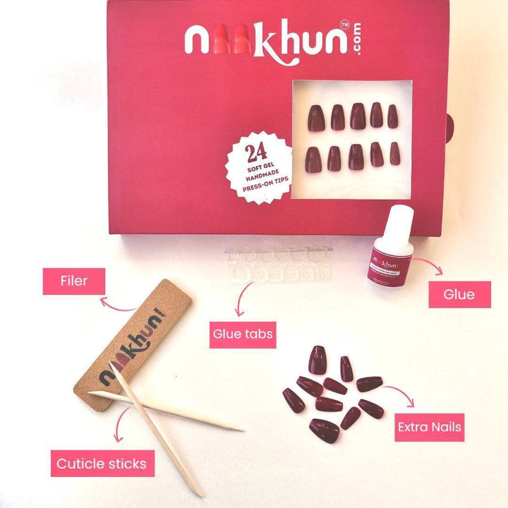 get in full kit fake nails with glue and glue tabs, filer, cuticle sticks