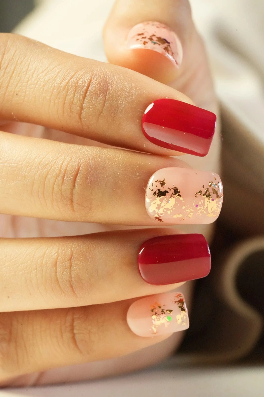 nude & red short square foil nail art press on nails