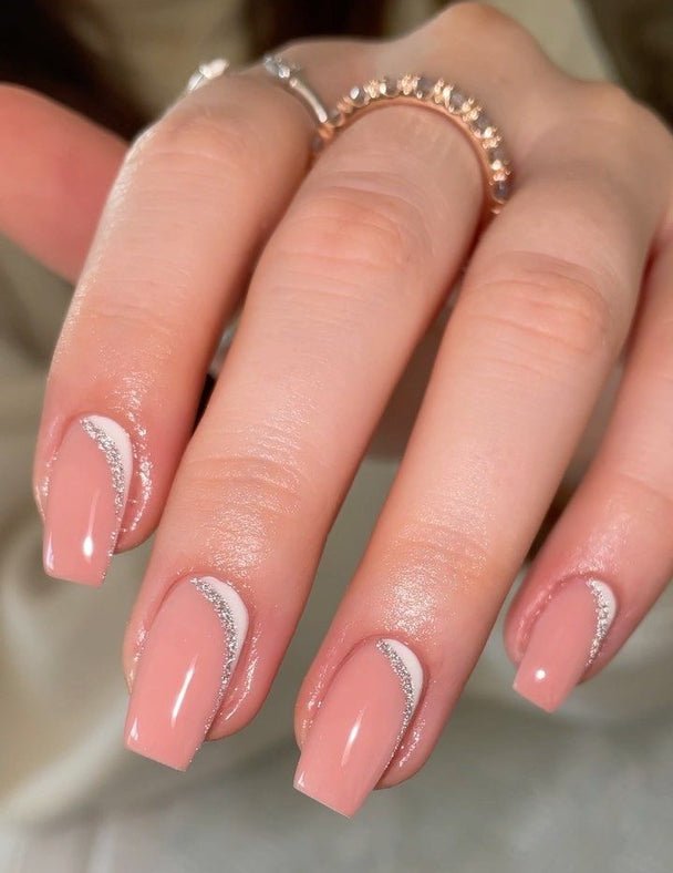 nude glitter french manicure short square fake artificial press on nails online for girls in India