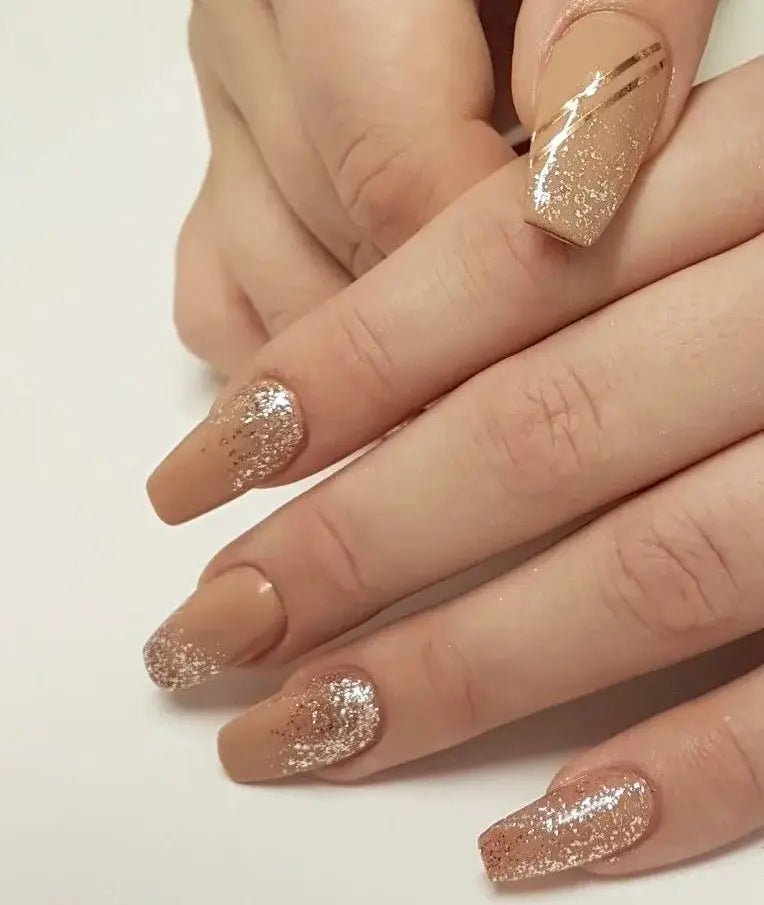 these are nude coffin shaped with glitter ombre stick on nails  false nails fake nails artificial nails soft gel nails press on nails online in India