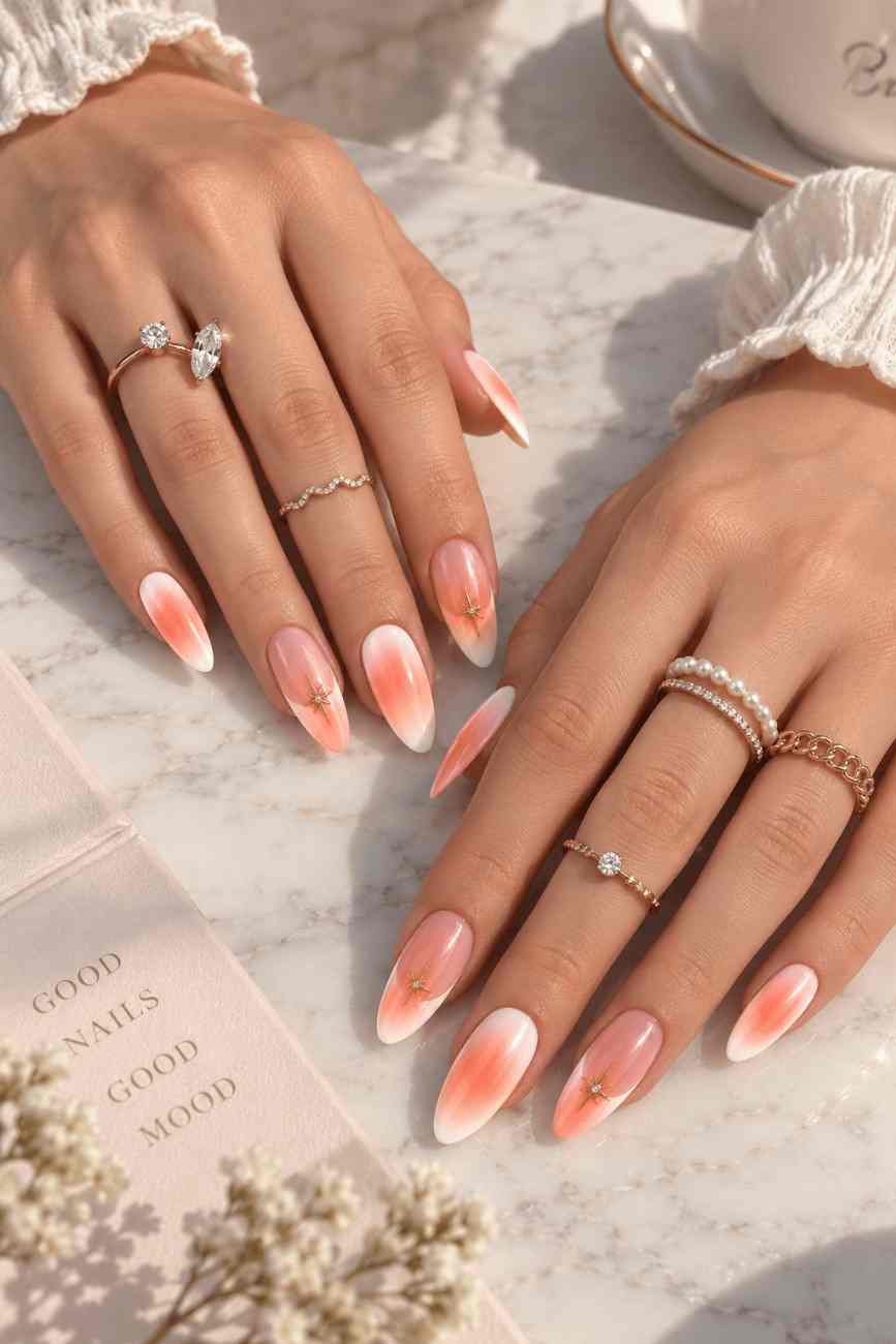 Peach Aura peach pink press-on nails worn on hand