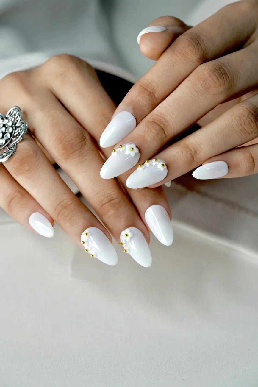 Elegant pearl-inspired press-on nails with a radiant glow