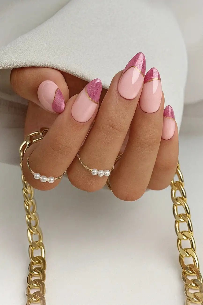 Close-up of Petal Glow premium handmade press-on nails