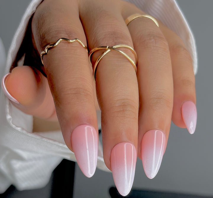 Pink and White French Ombre Almond Press-On Nails – Elegant, Reusable Fake Nails Online in India