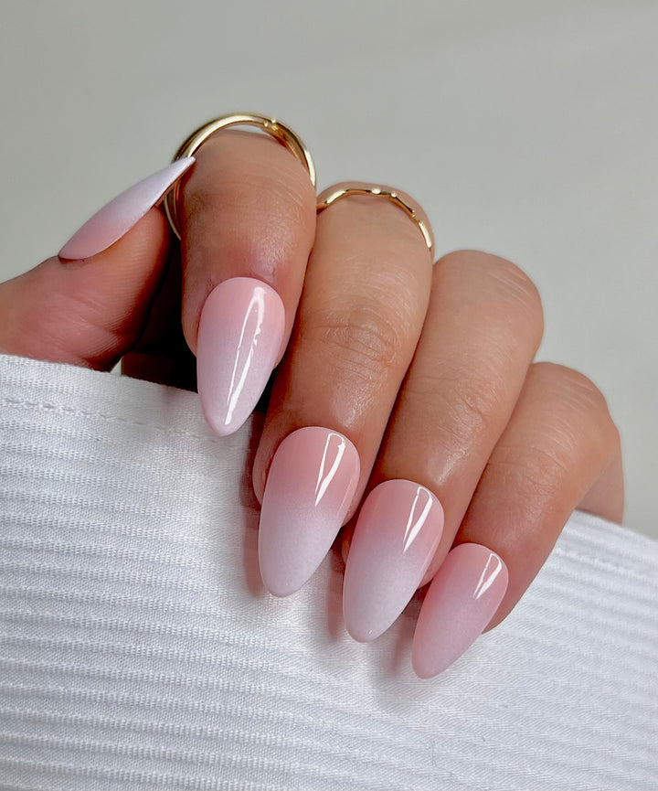 Full set of Pink and White French Ombre Almond Press On Fake Nails clearly shown on nails 