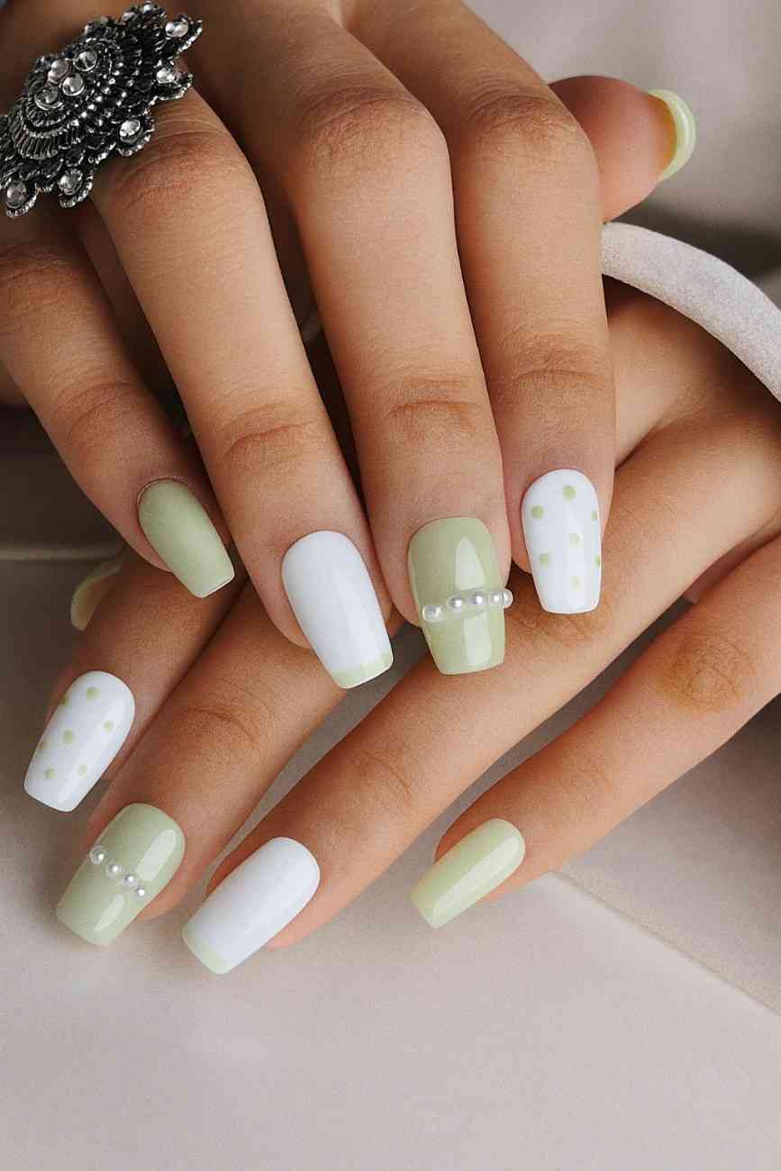 Chic pearl-inspired press-on nails with playful polka accents