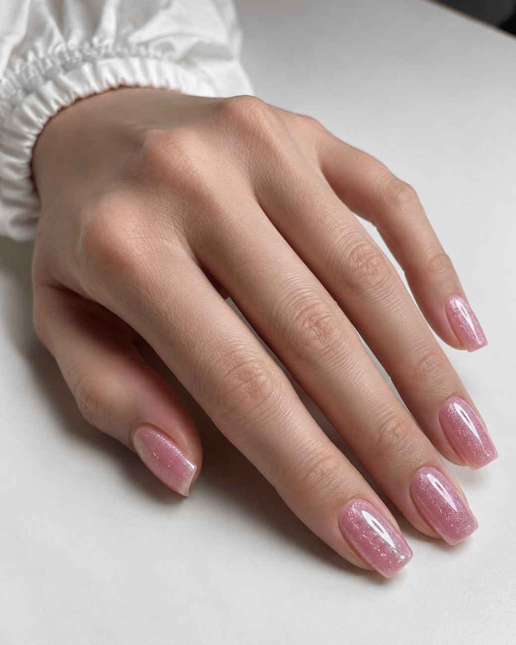 Close-up of Rose Cat Eye nails highlighting the luminous cat-eye shimmer and glossy finish.