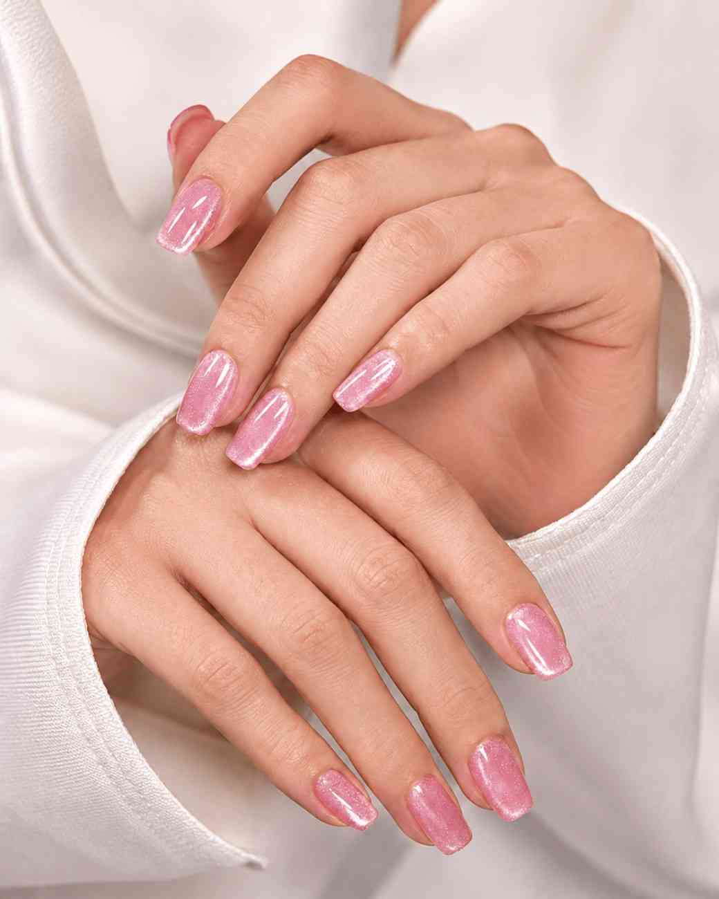 Front view of Rose Cat Eye press-on nails featuring a glossy rose pink magnetic-inspired finish.