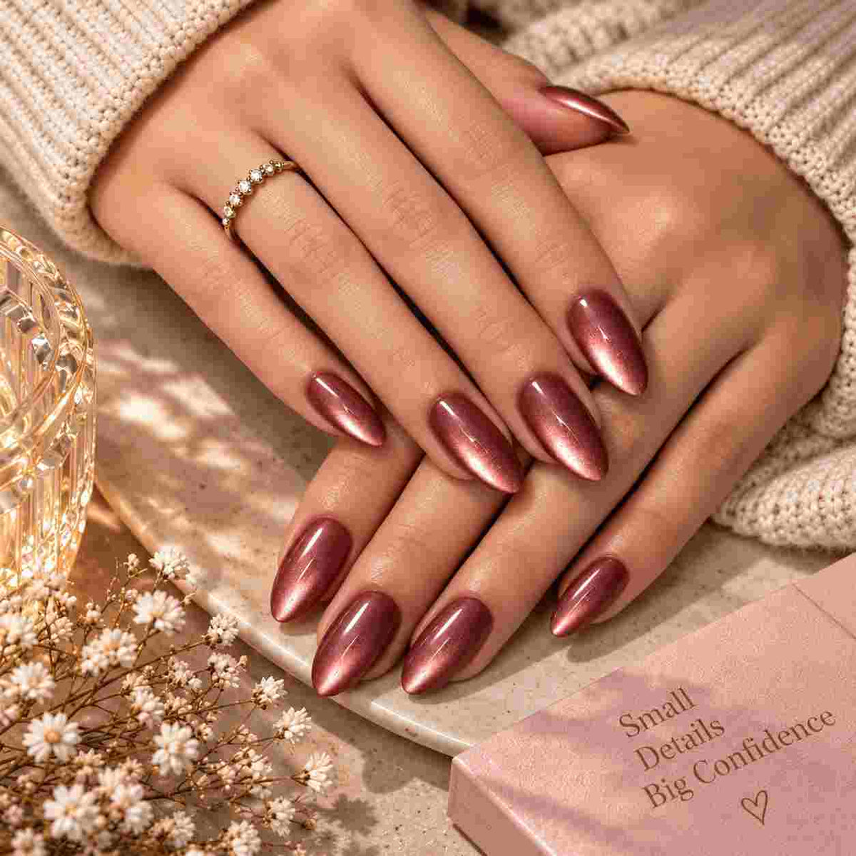 Rose Velvet press-on nails featuring an elegant rose gold cat eye design