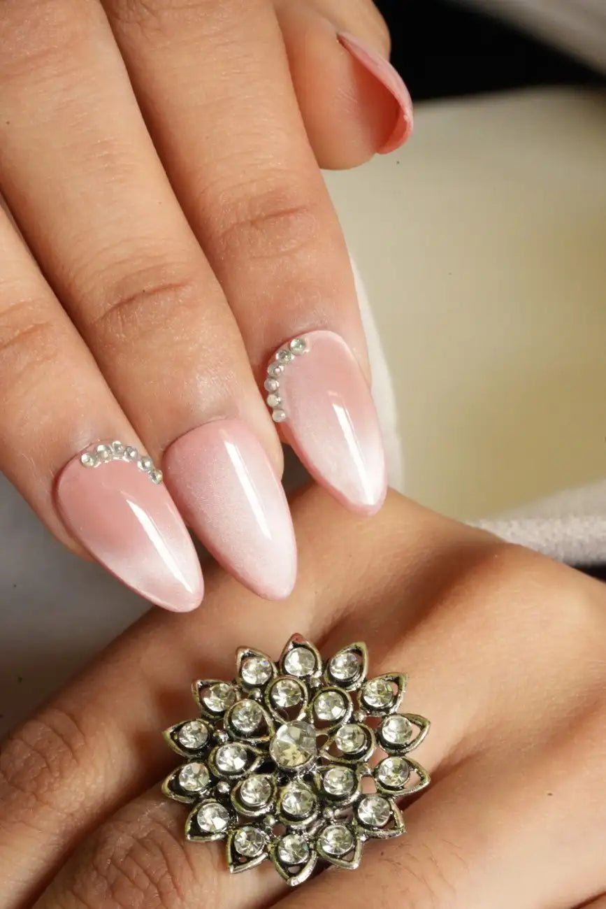 Close-up of Rosy Dusk premium handmade press-on nails