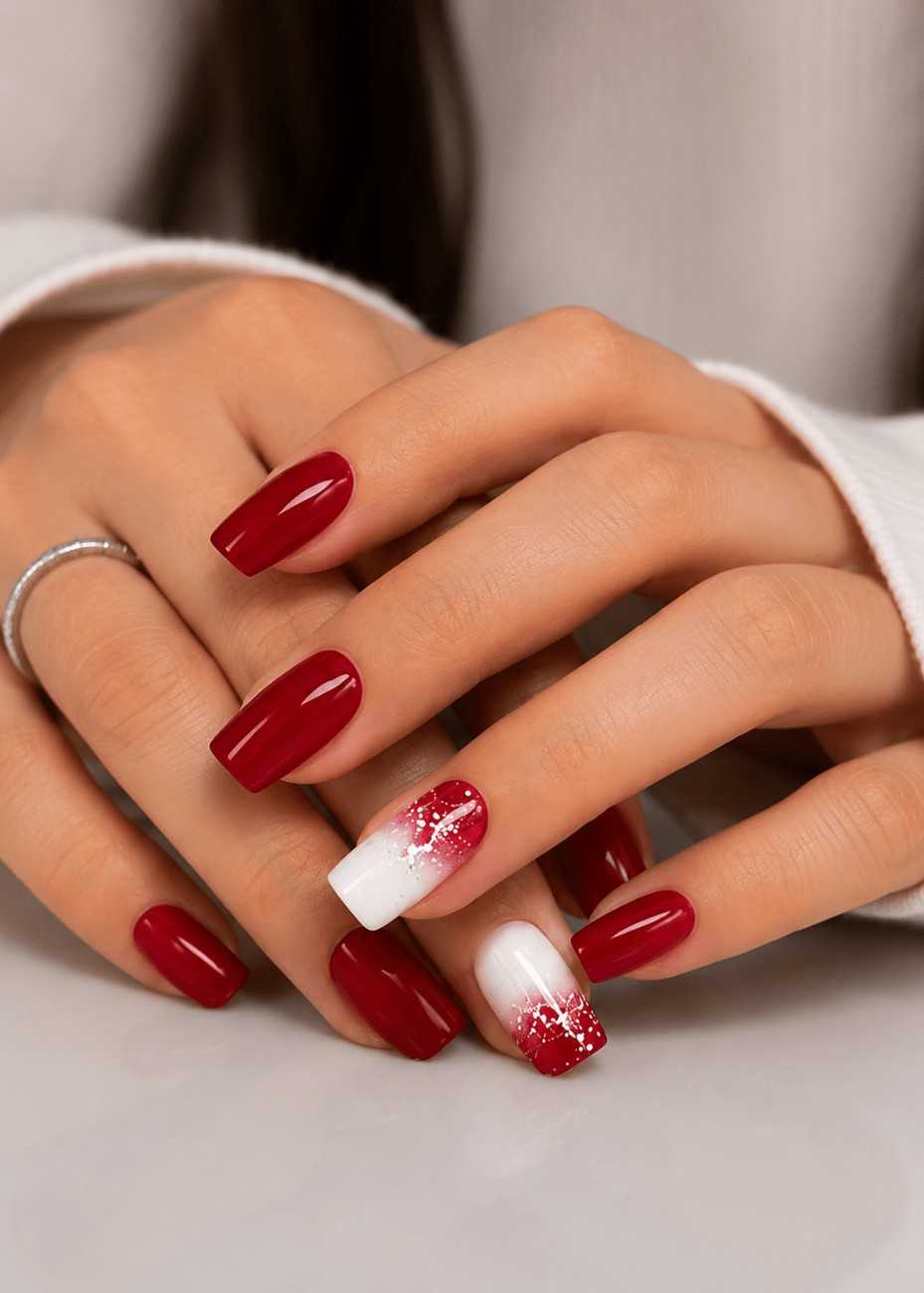 Close-up of Scarlet Glow cherry red and white square press-on nails