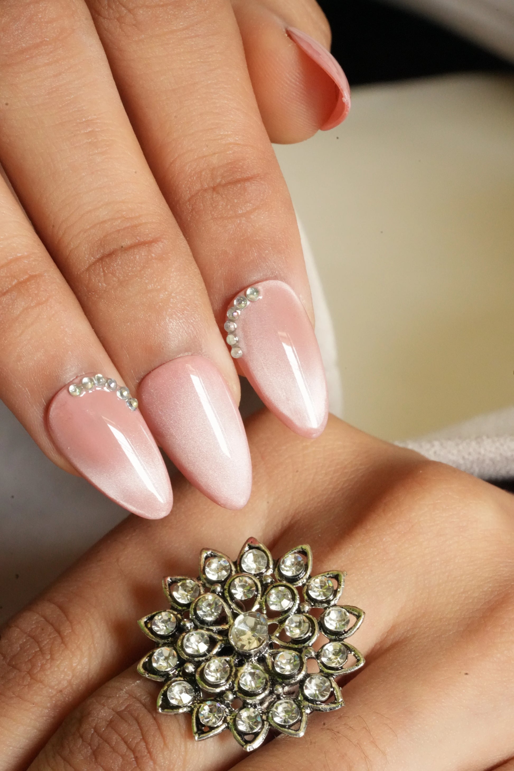 shop Pink cat eye soft gel press on nails with rhinestones