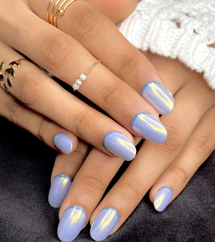 Blue French tip and Silver Chrome Press On Fake Nails