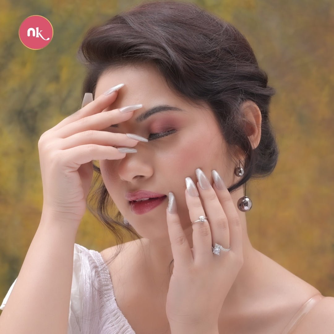 Buy Mirror Silver Cat Eye Coffin Artificial Fake Press On French Nails Online in India in Soft Gel Material