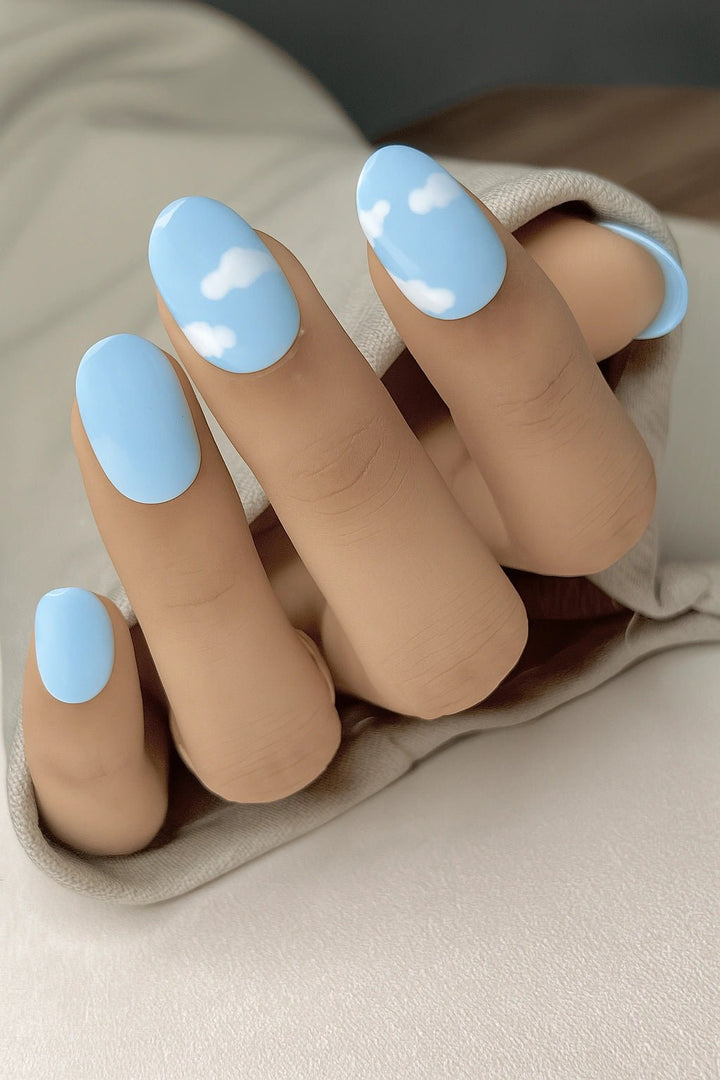 Summer Sky Blue colour short round false fake artificial soft gel press on nails online in India