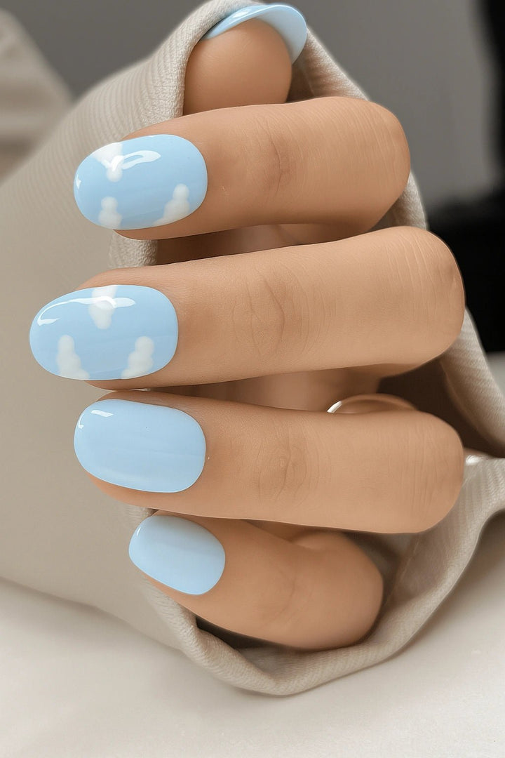 Summer Sky Blue colour short round false fake artificial soft gel press on nails online in India