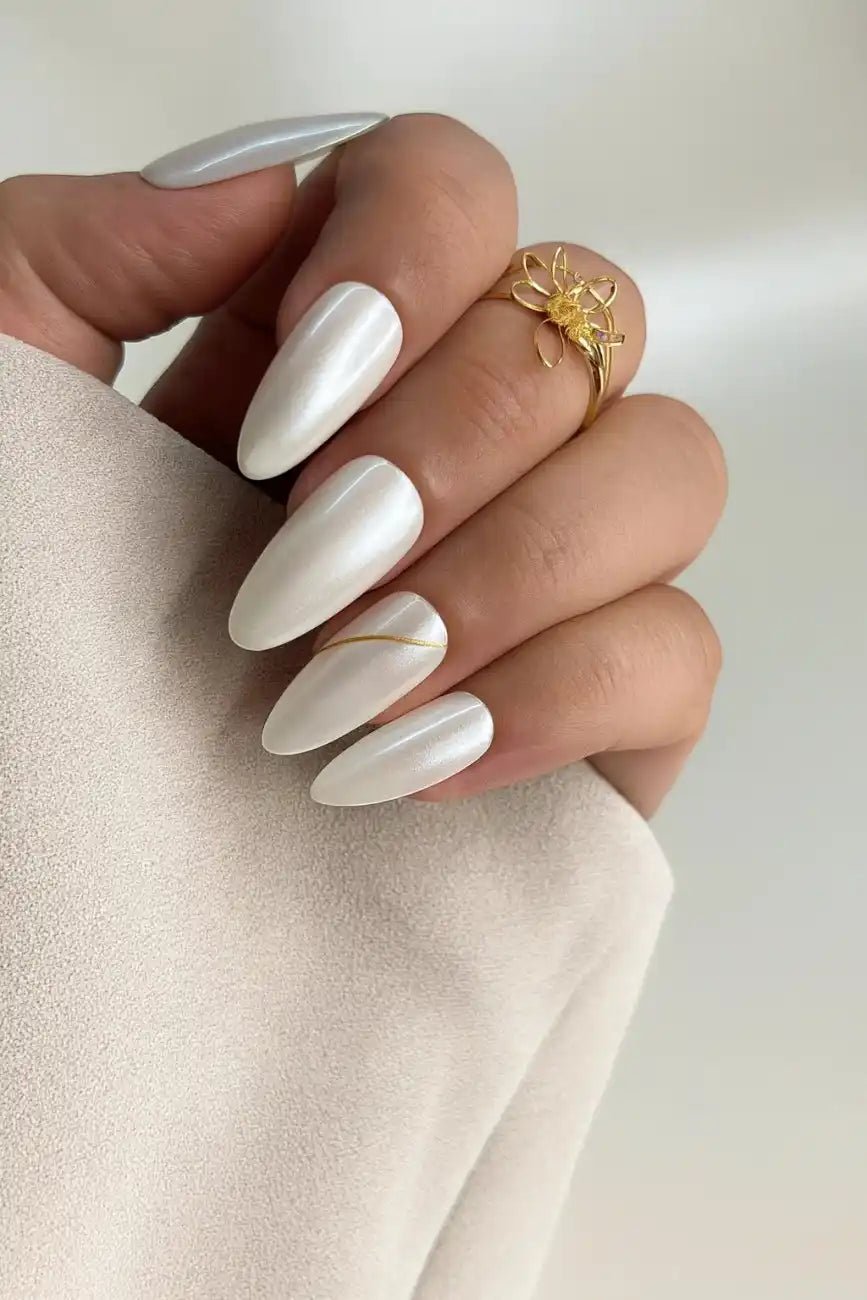 Close-up of Snow Glow premium handmade press-on nails