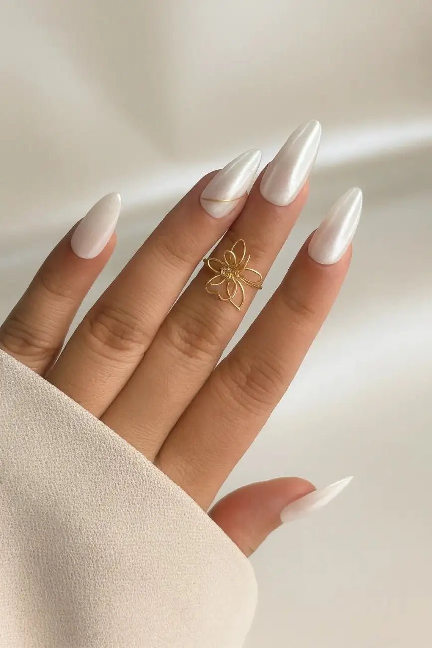 Elegant white shimmer press-on nails with a salon-quality finish