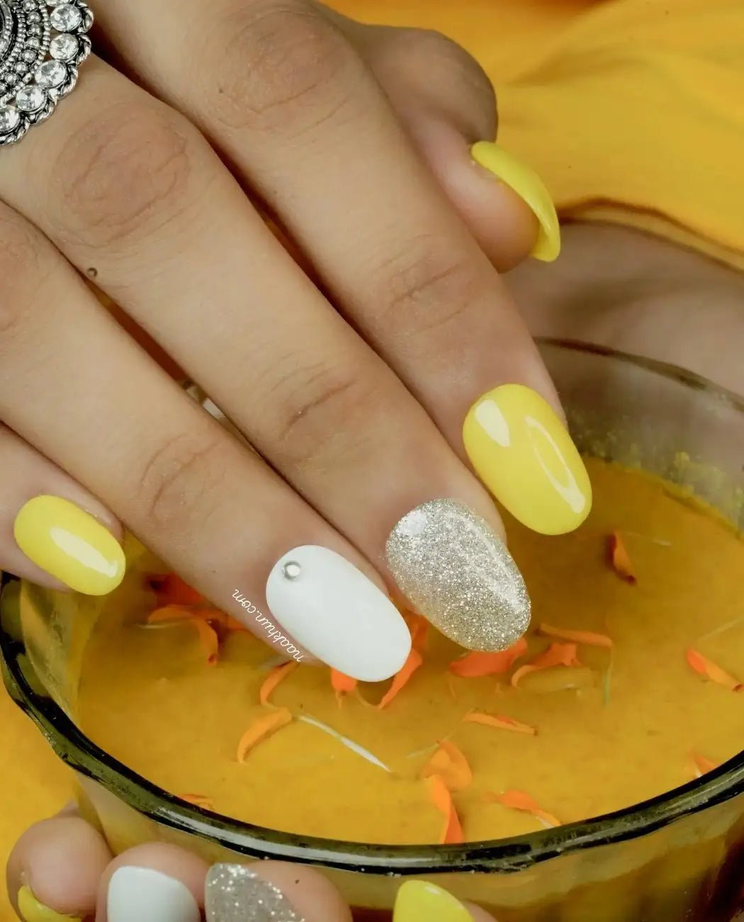 Close-up of Sun Shine premium handmade press-on nails