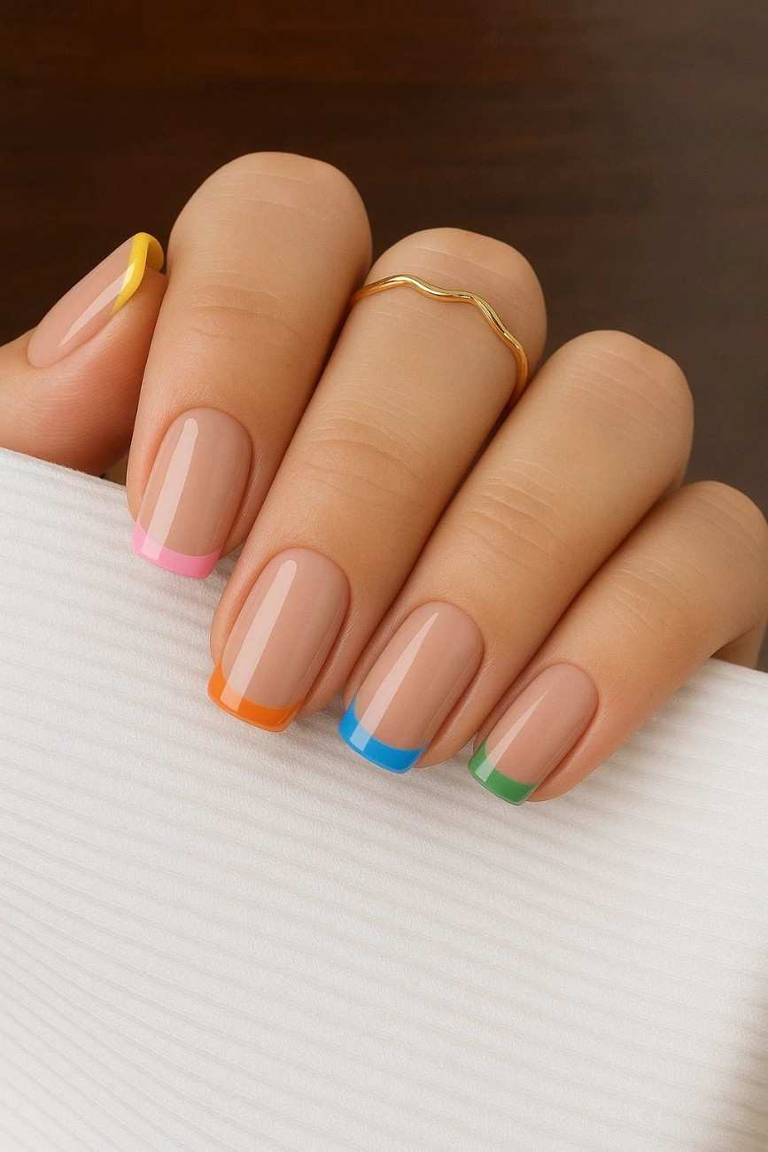 Sunset-inspired press-on nails styled for summer, vacations, and beach looks