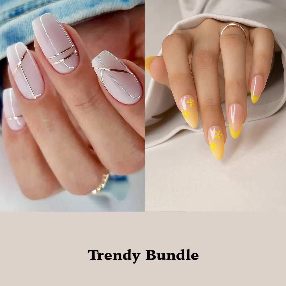 Trendy Bundle featuring fashionable reusable soft gel press-on nail designs by Naakhun