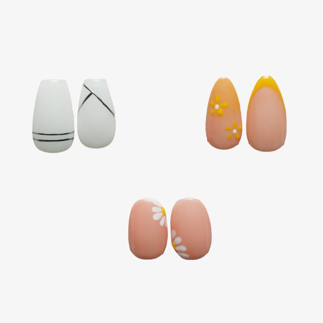 Trendy Diva Trio featuring three stylish reusable soft gel press-on nail sets by Naakhun
