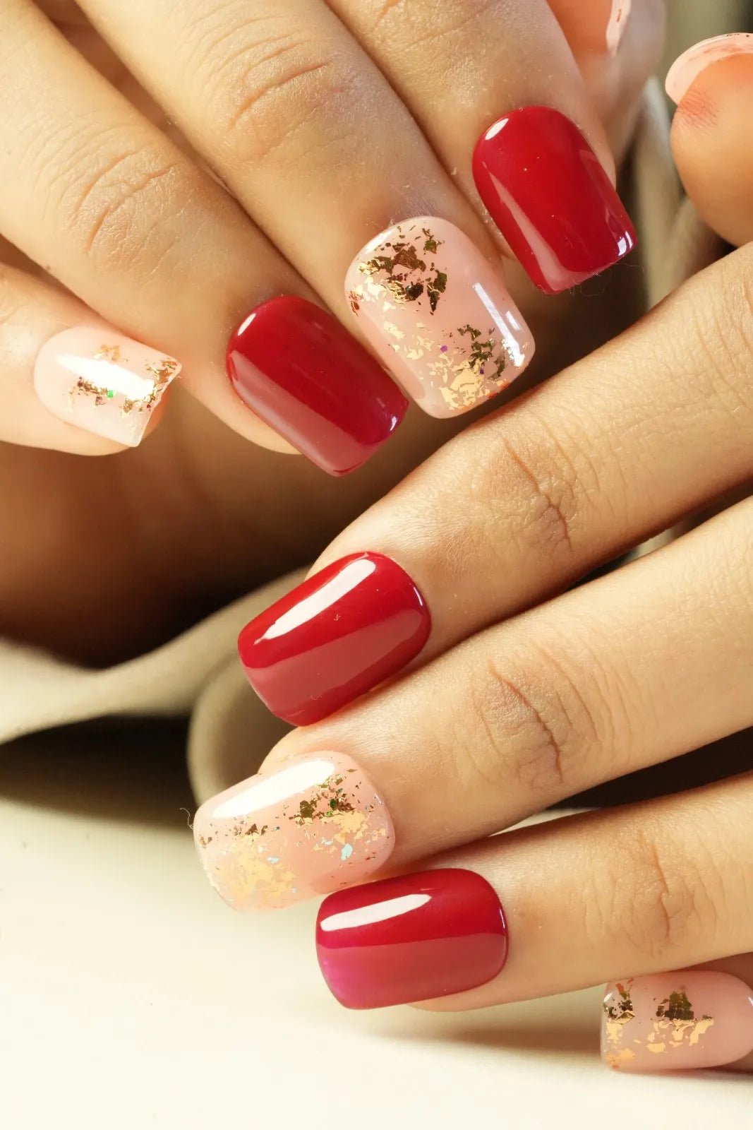 buy bridal wedding nude & red short square golden foil art press on nails