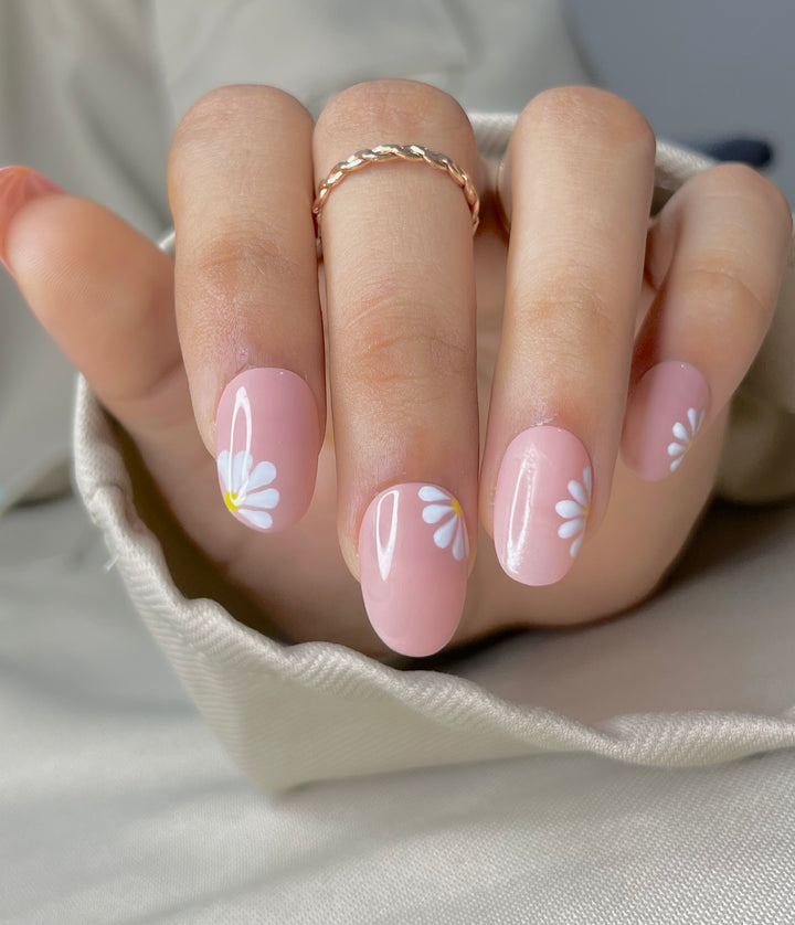 get nude yellow flower white floral press on nails online