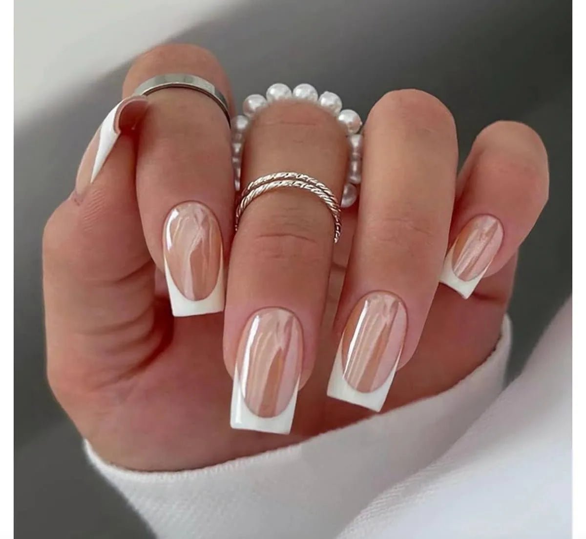 get glossy classic white french silver chrome fake press on nails in short square shape