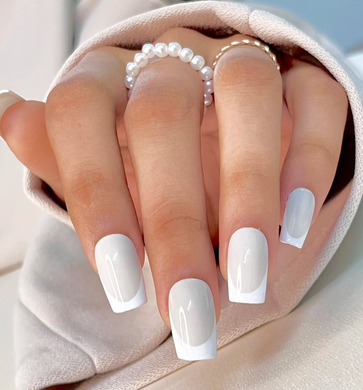 Buy grey short square nails with white french tip press on fake nails online in India