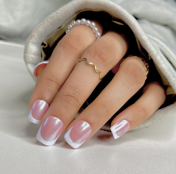 Get Fake Artificial Nude base white silver chrome french tip manicure soft gel press on nails extensions online
