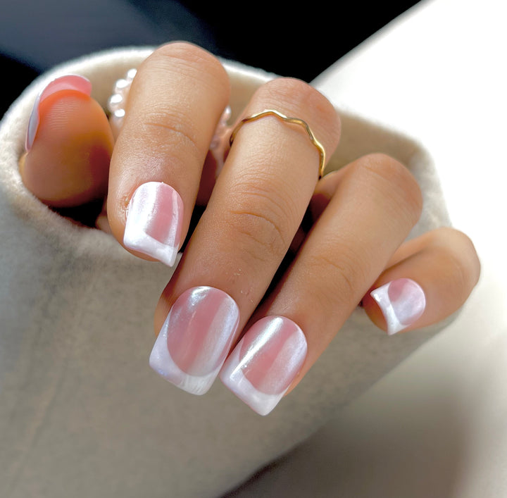 Get Fake Artificial Nude base white silver chrome french tip manicure soft gel press on nails extensions online
