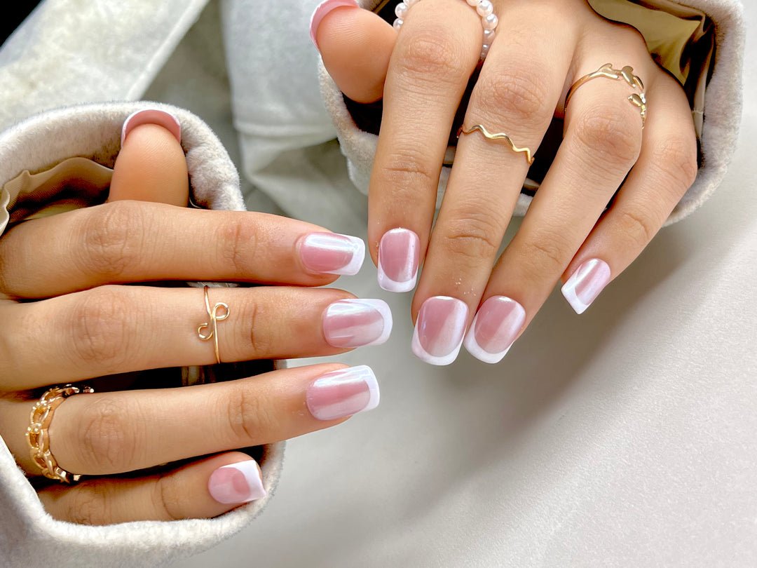 get Nude base white silver chrome french tip manicure short square soft gel press on nails extensions