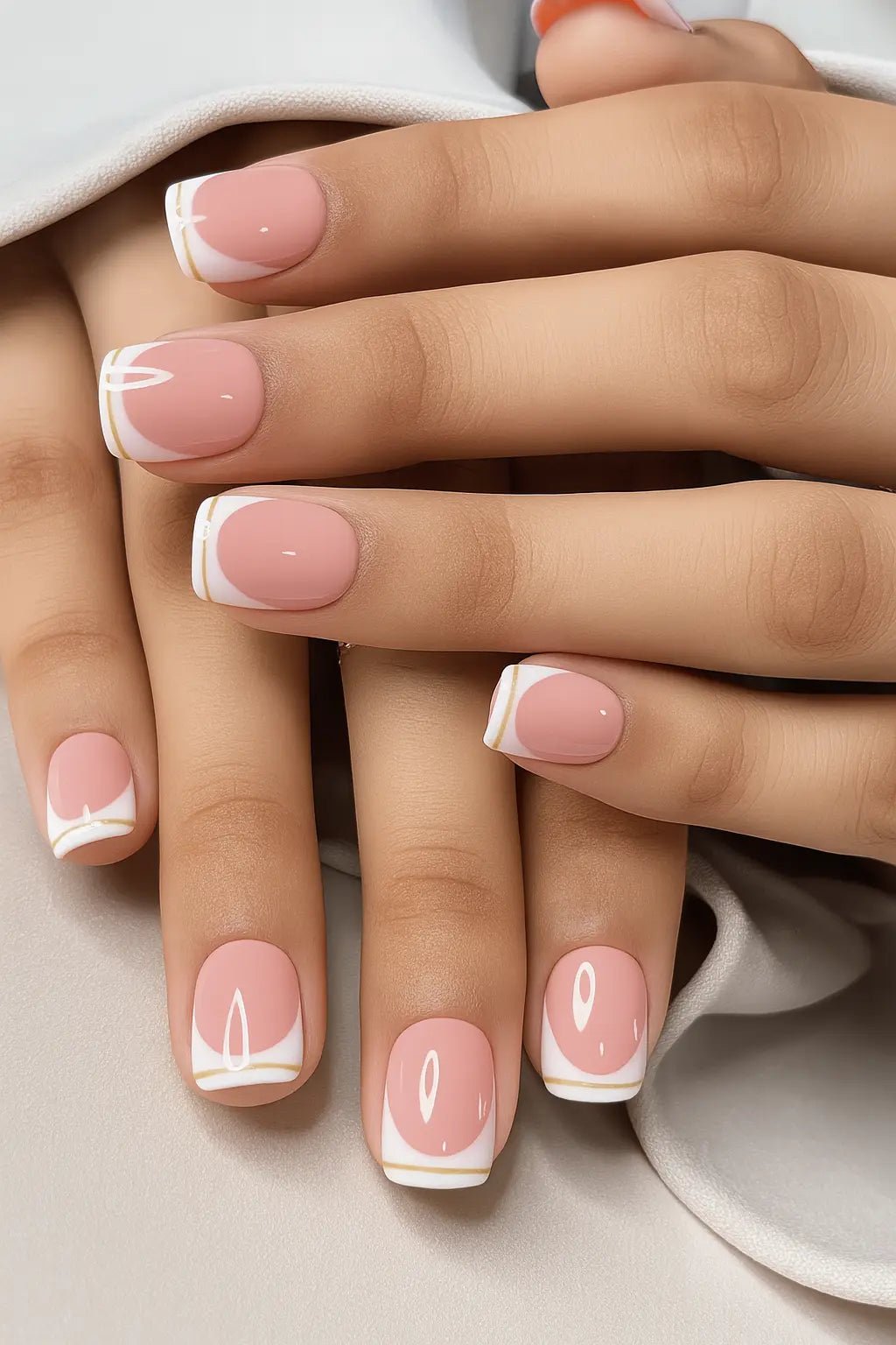 white and gold chrome french manicure nude pink artificial fake nails online