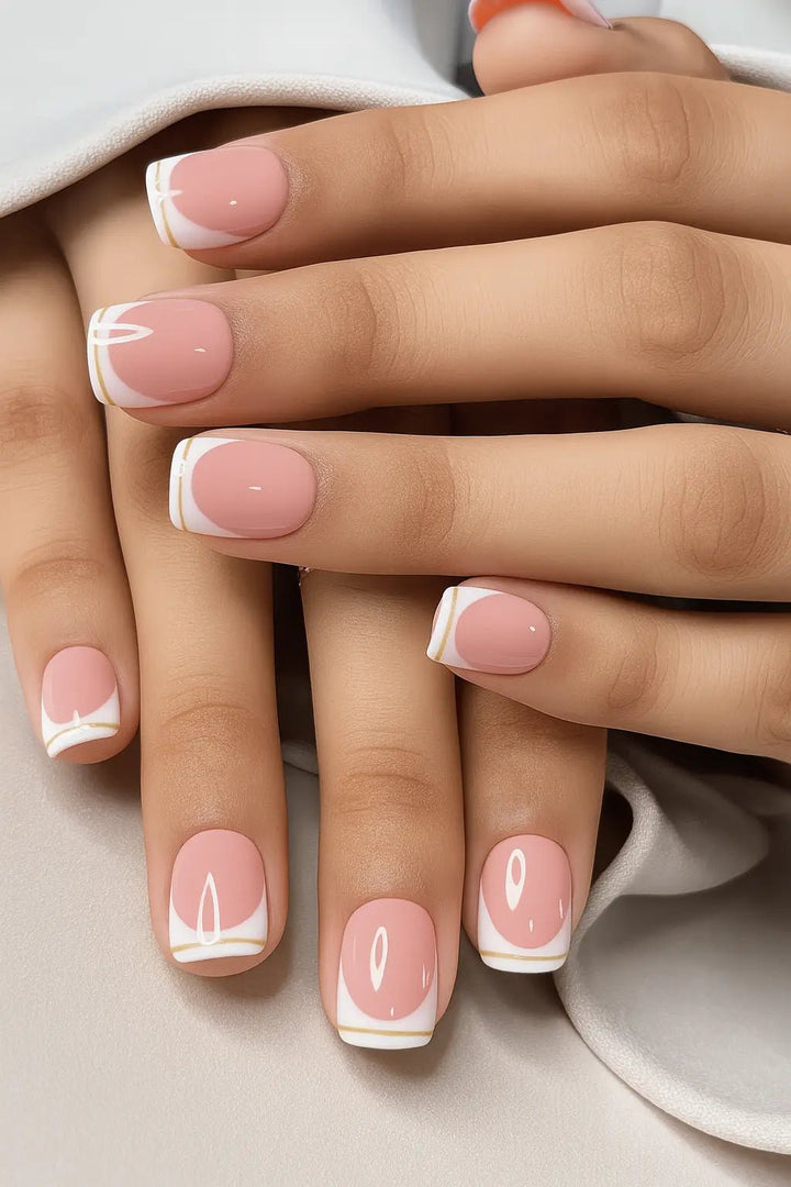 white and gold chrome french manicure nude pink artificial fake nails online